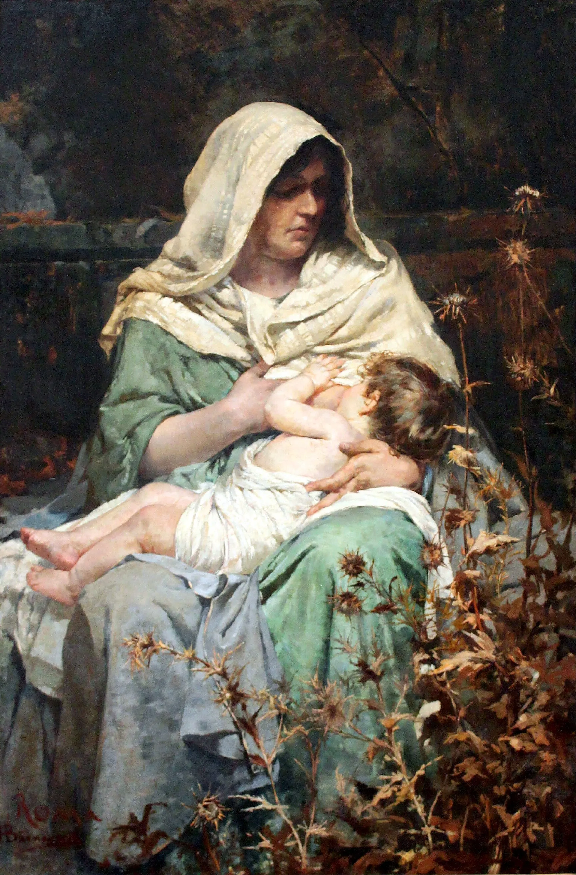Pintura Maternidade, de Henrique Bernardelli (1885): mãe de manto claro e vestido verde amamenta o bebê ao ar livre.
