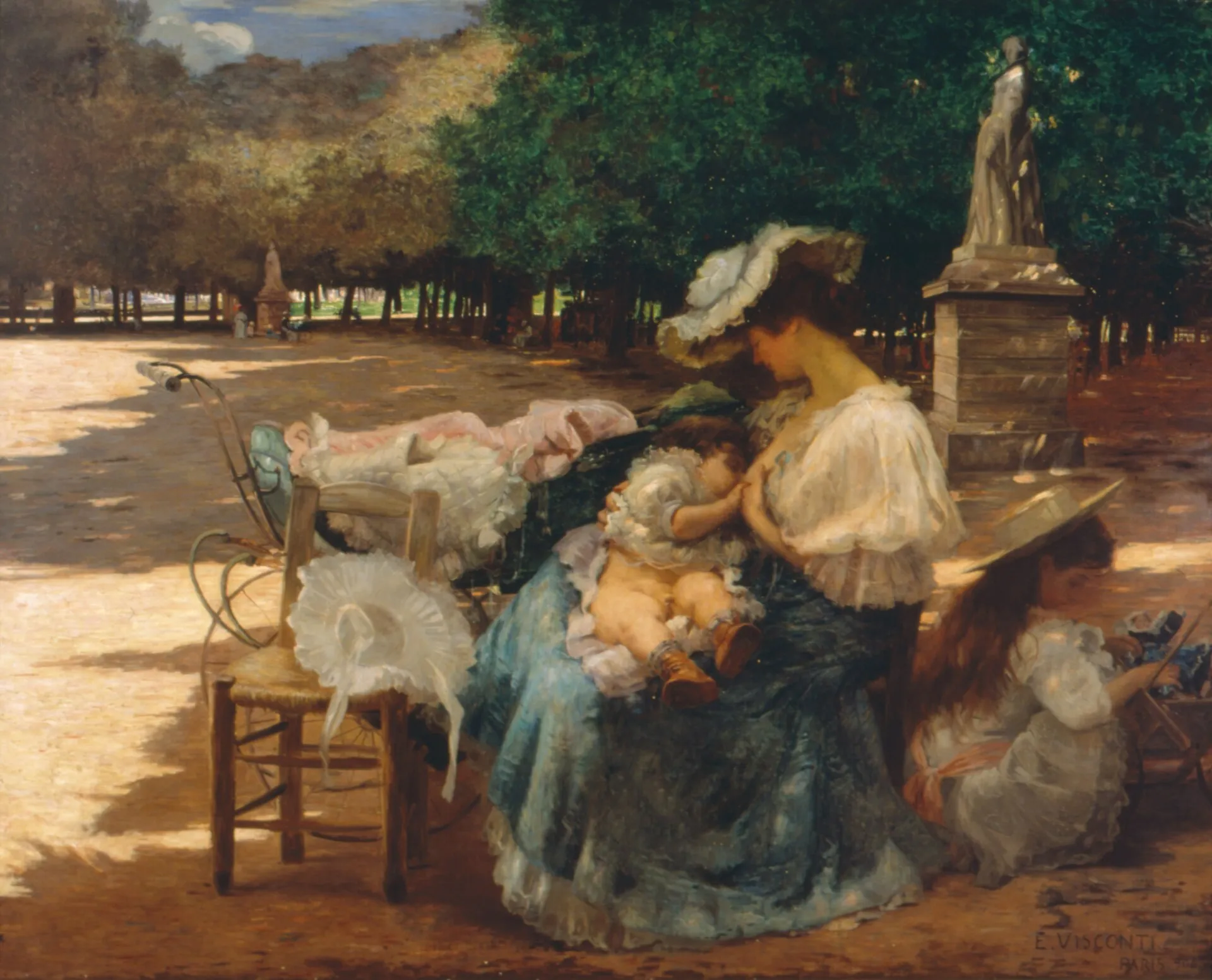 Pintura Maternidade, de Eliseu Visconti (1906): mãe de vestido azul amamenta o bebê num banco de jardim, sob as árvores.